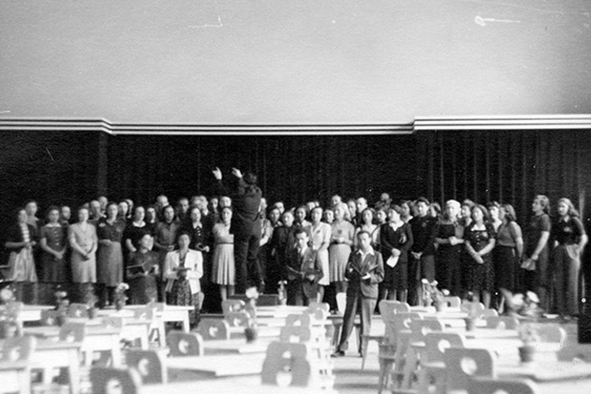 Jewish prisoners perform at Theresienstadt during the 1944 visit by the International Committee of the Red Cross. ICRC/Maurice Rossel