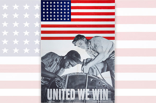 United States poster promoting the need for a desegregated workforce to support the war effort, 1943. Gift of the Crown family